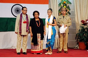 The Governor of Arunachal Pradesh, Shri JP Rajkhowa and First Lady Smti. Rita Rajkhowa  with Miss. Tage Kanya, Classical Dancer on the occasion of Communal Harmony-Our Pride, Our Strength, at Darbar Hall, Raj Bhavan, Itanagar on 19th February 2016.